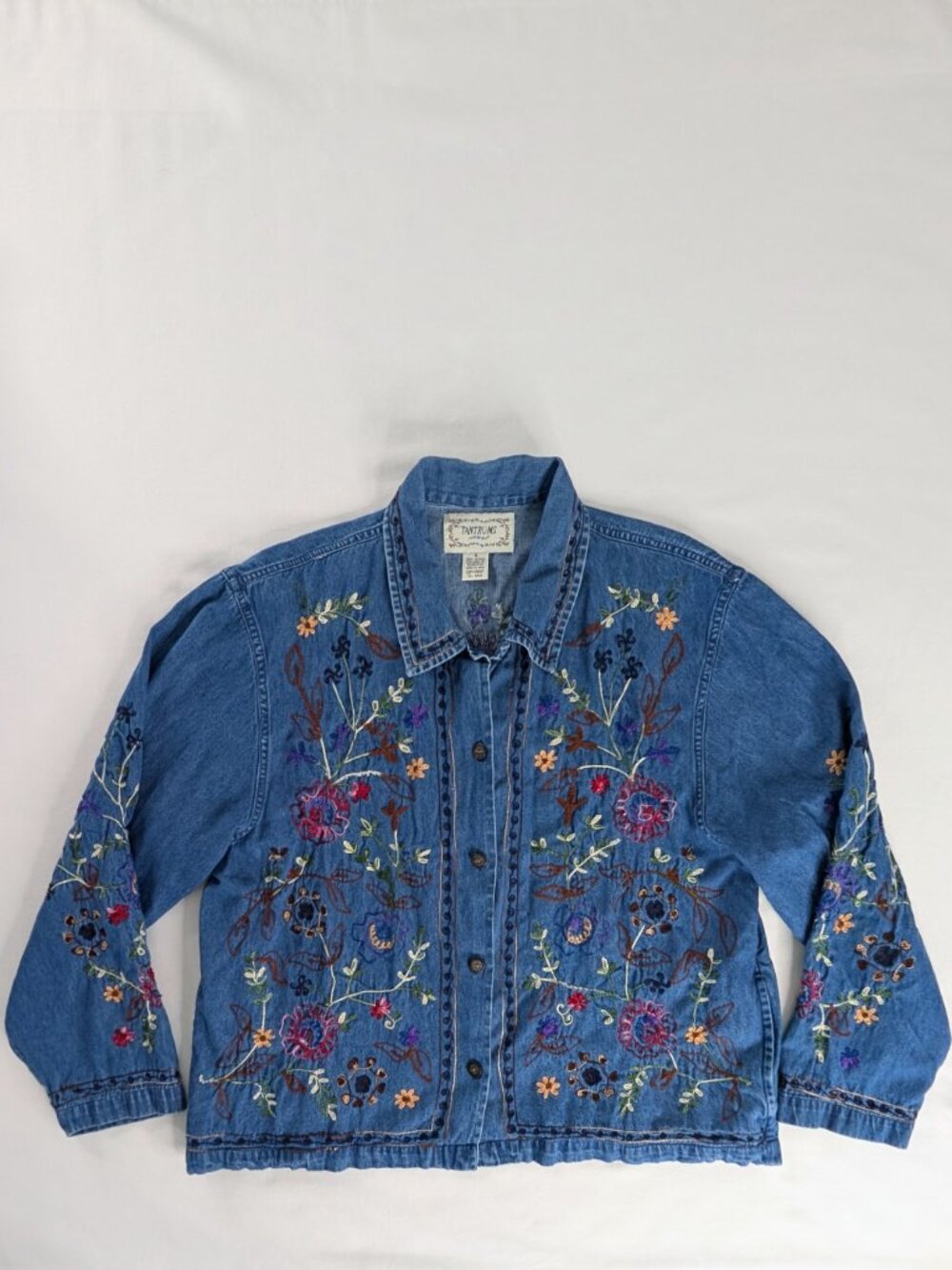 VTG Blue Denim Colorful Floral Embroidery All Over Button Up Denim Jacket 90s